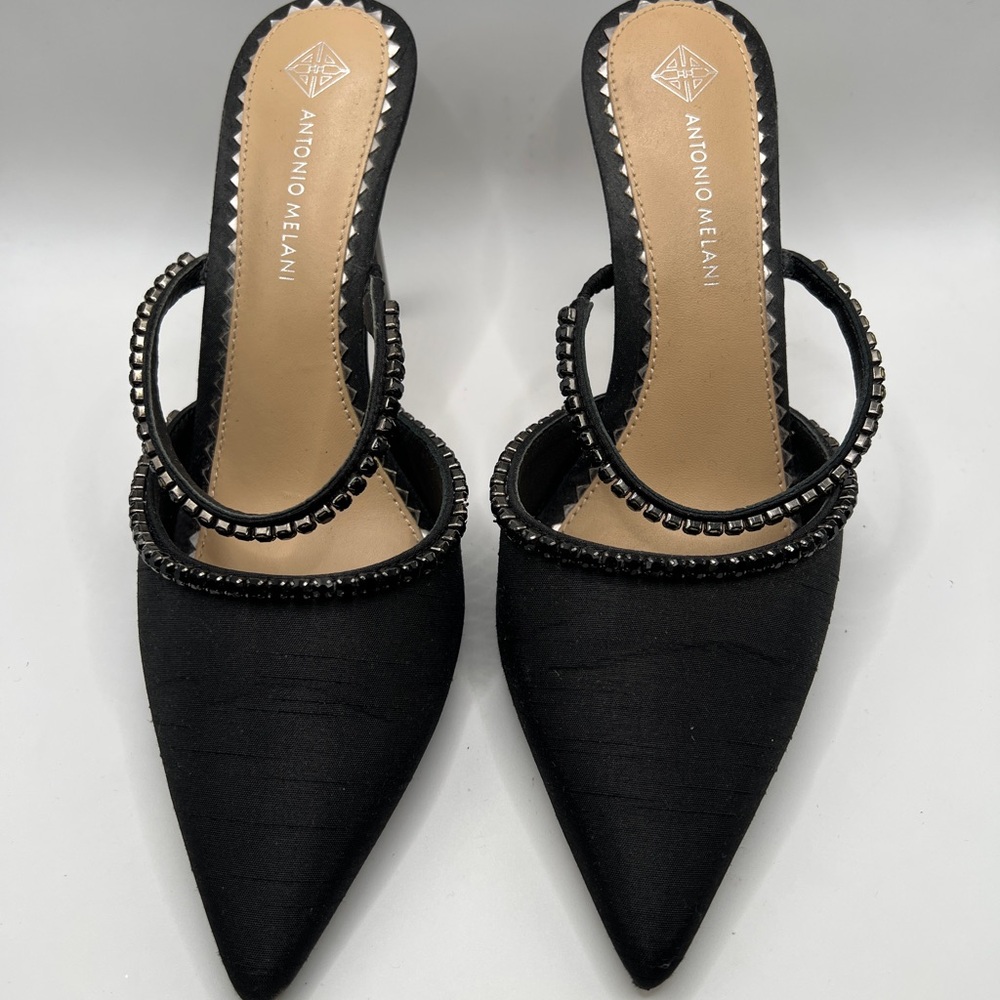 Antonio Melani Black Pointed Toe Heels 3.5” Rhinestone Trim 6.5 Pre-Owned